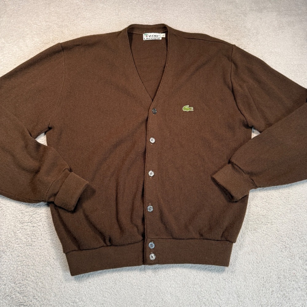 Vintage 70s Izod Lacoste Cardigan Mens XL Brown Orlon Acrylic Knit Logo USA Made